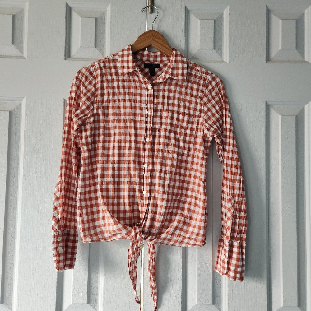 J. Crew Pumpkin Gingham Collared Button Up Blouse with Tie size 4